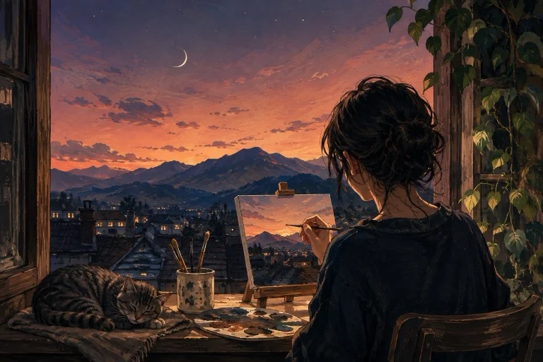 An illustrated artist painting beside a window at dusk, a cat asleep on the sill.