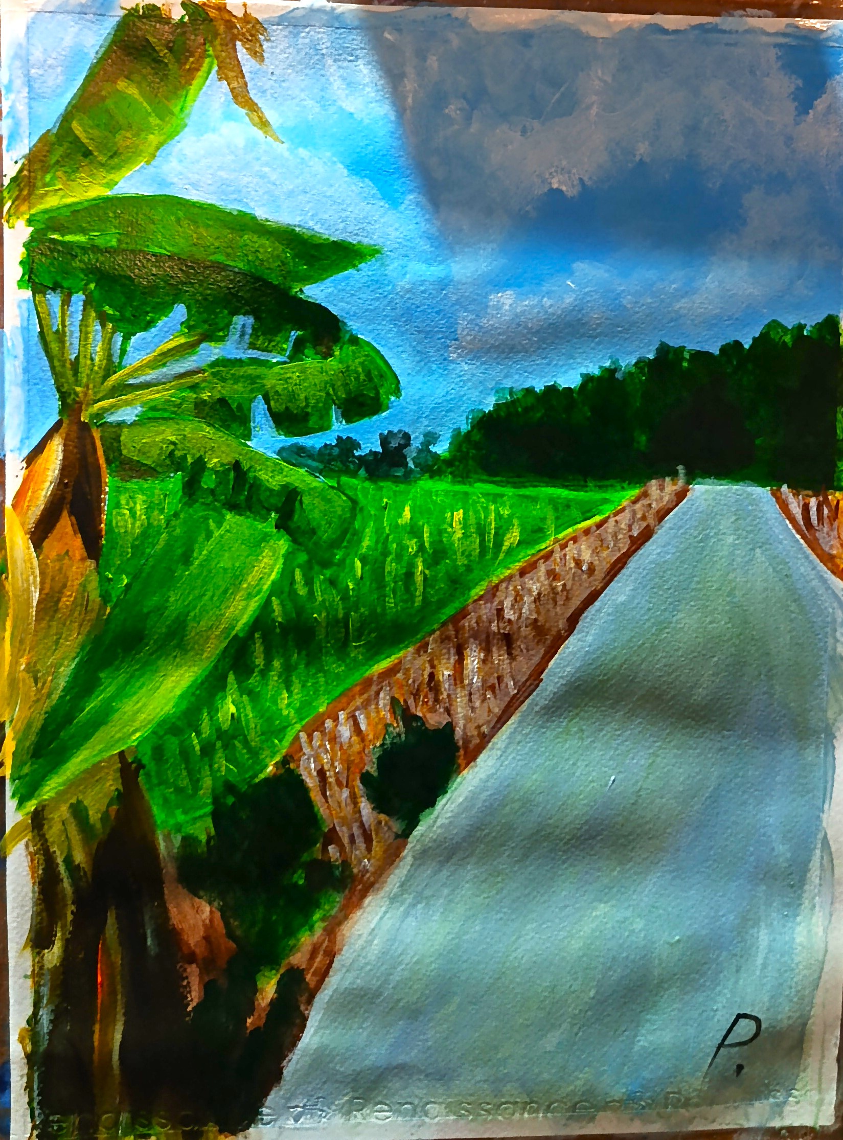 A painting of a quiet rural road stretching into the distance, bordered by lush green rice fields and trees. Large banana trees fill the left side of the scene, while darker trees line the horizon beneath a partly cloudy blue sky. The road creates a gentle path toward the greenery in the distance, g